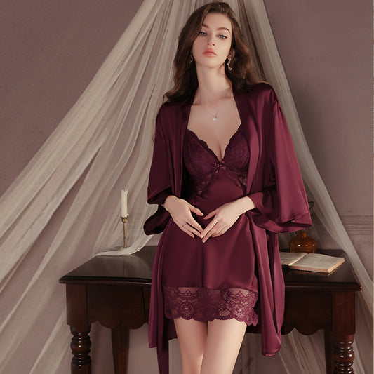 Lace Trim Satin Nightgown & Robe Set – Romantic Nightdress Lingerie Sleepwear (Purple / Red)