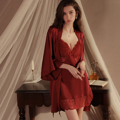 Lace Trim Satin Nightgown & Robe Set – Romantic Nightdress Lingerie Sleepwear (Purple / Red)