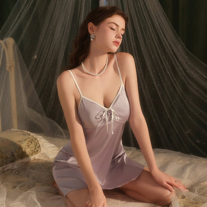 Satin Nightgown with Spaghetti Straps | Bow Detail Silk-Like Sleep Dress in Light Pink & Lavender