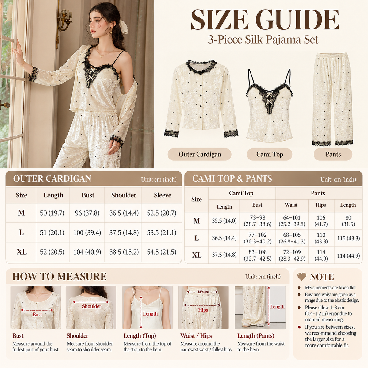 Size guide and measurements for the light yellow 3-piece pajama set