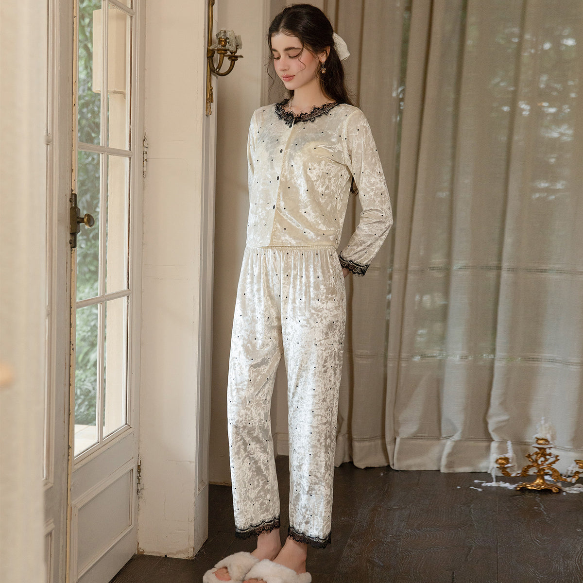 Relaxed front pose in the light yellow lace-trim cardigan and pants loungewear set