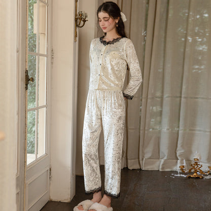 Relaxed front pose in the light yellow lace-trim cardigan and pants loungewear set