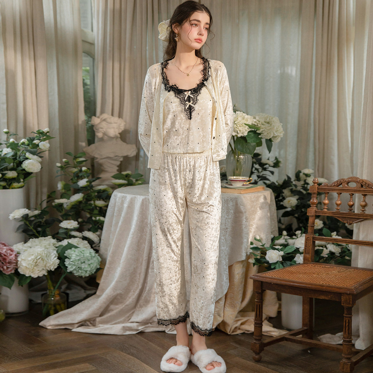 Full front view of the light yellow lace-trim cardigan and pants pajama set