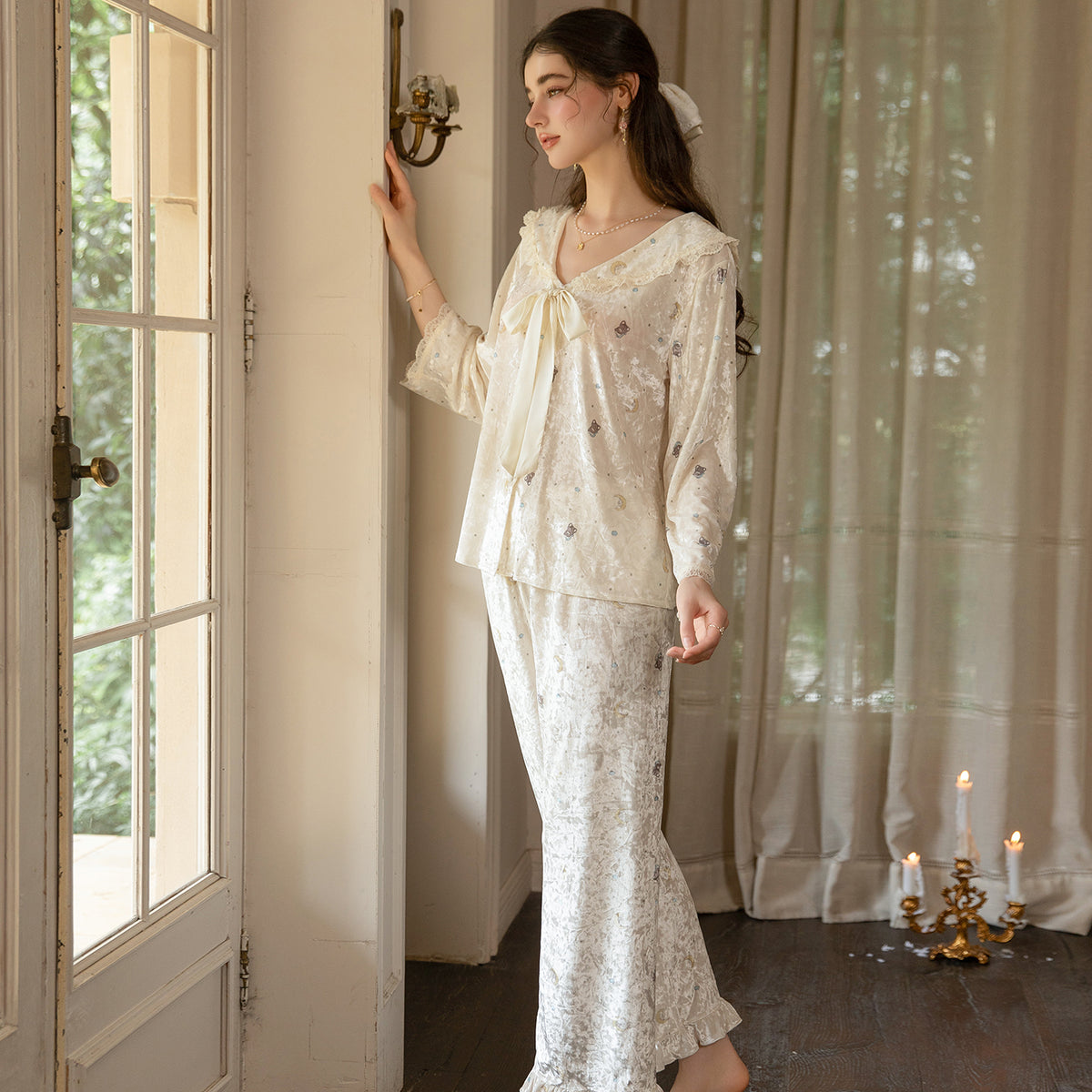 Light yellow long pajama set side view