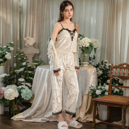 Light yellow floral-textured pajama set styled with the cardigan off the shoulders