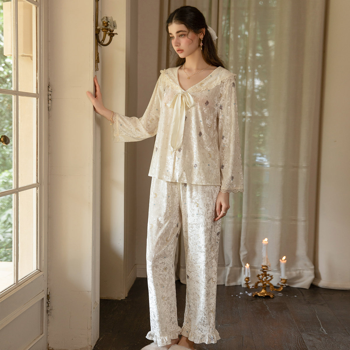 Light yellow long sleeve pajama set full front