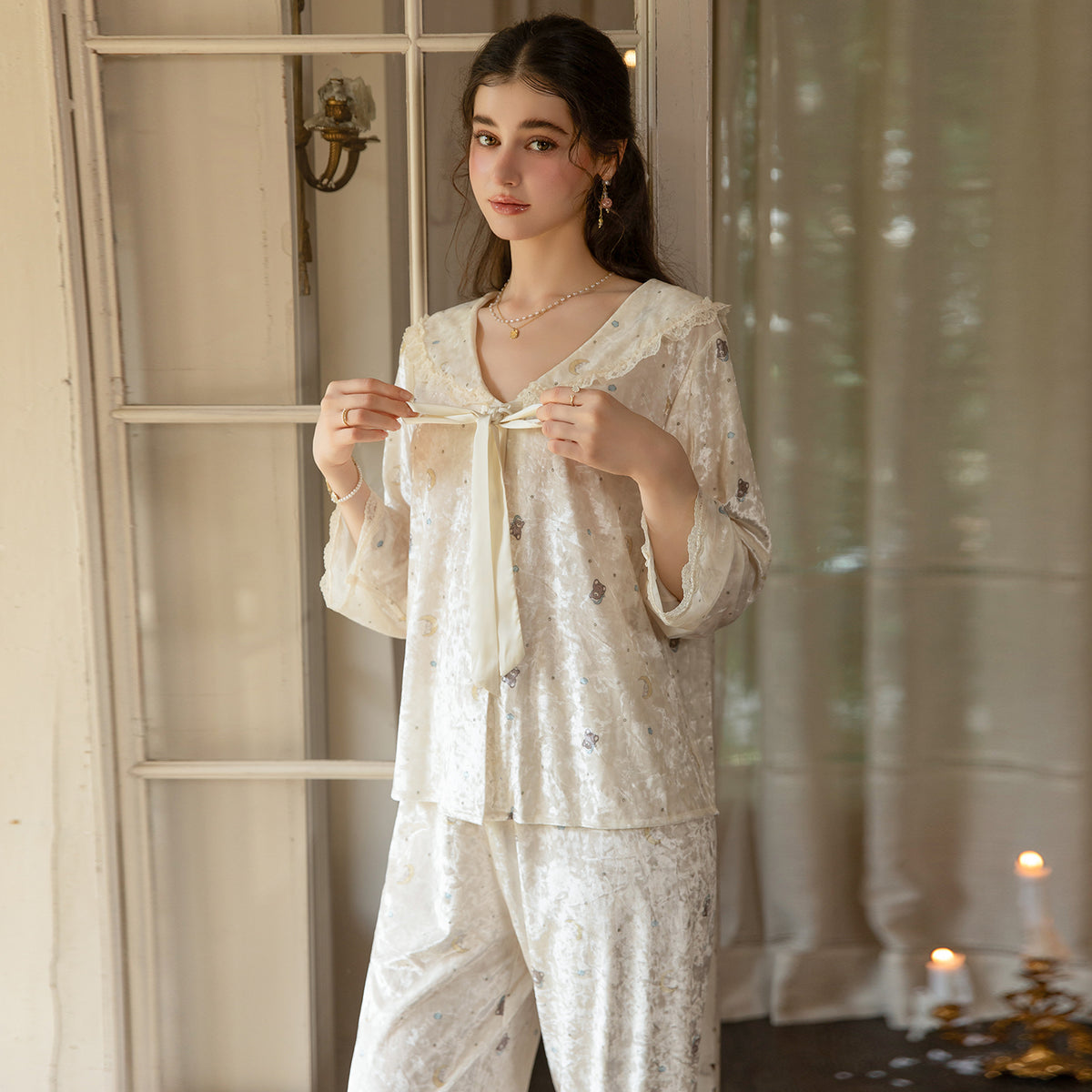 Light yellow pajama top with ribbon detail