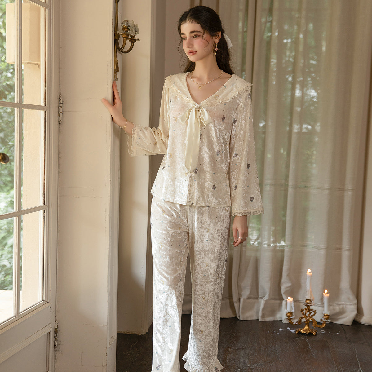 Light yellow ruffle trim pajama set standing