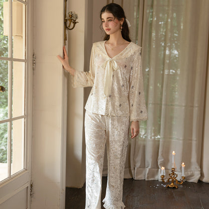 Light yellow ruffle trim pajama set standing