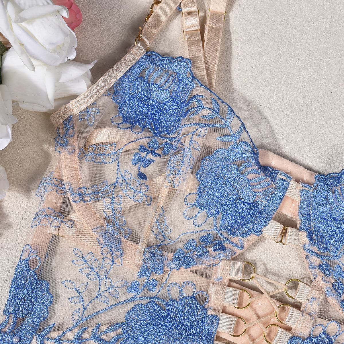 Blue floral lingerie set design details