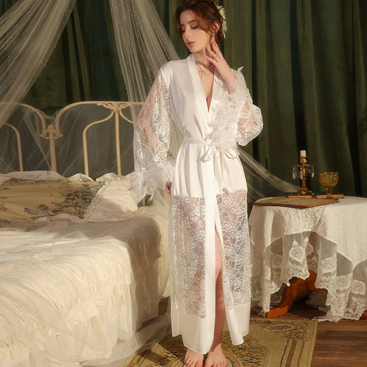 Luxury White Lace Bridal Robe with Feather Trim – Long Sheer Wedding Getting Ready Robe