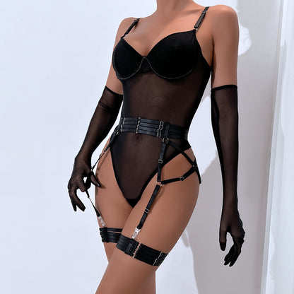 Sheer Mesh Bodysuit Lingerie Set with Garter Straps & Gloves – Sexy See-Through Bodysuit (Black / Burgundy)