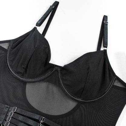 Sheer Mesh Bodysuit Lingerie Set with Garter Straps & Gloves – Sexy See-Through Bodysuit (Black / Burgundy)