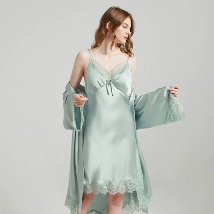 Mint green mulberry silk nightgown and robe