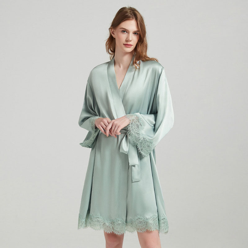 Mint green mulberry silk robe with lace cuffs