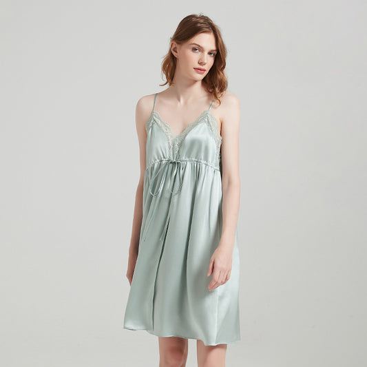 Mint lace mulberry silk nightgown front view
