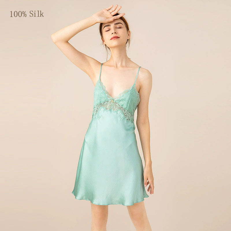 Mint lace mulberry silk nightgown full look