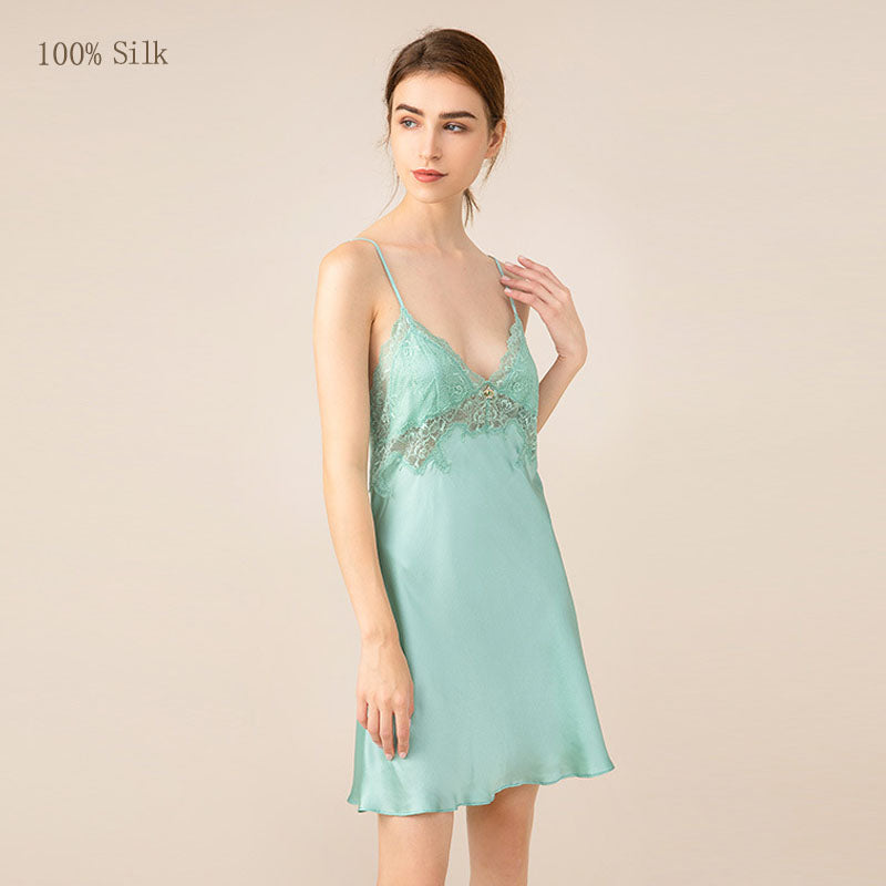Mint lace trim mulberry silk nightgown front view
