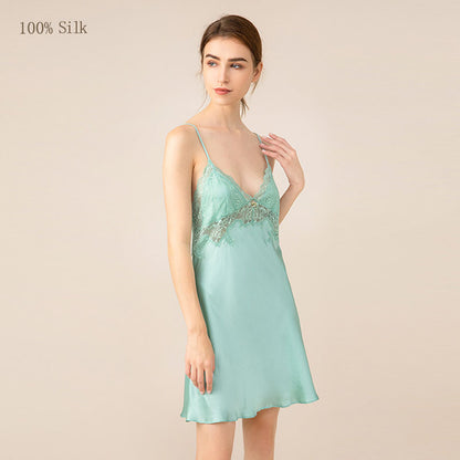 Mint lace trim mulberry silk nightgown front view