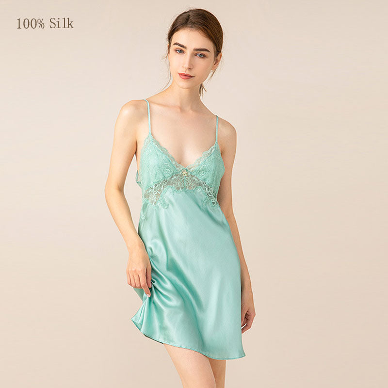 Mint silk nightgown standing view