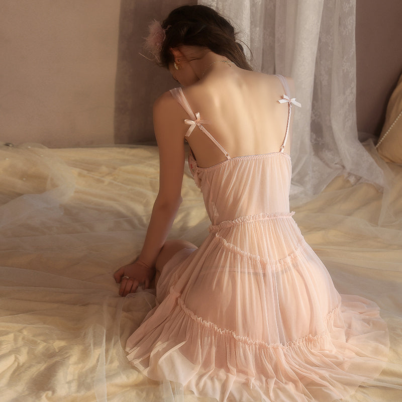 Pink Embroidered Babydoll Lingerie Set Sheer Mesh Nightdress & Thong for Romantic Nights | Hueslife Pink Embroidered Babydoll Lingerie Set Sheer Mesh Nightdress & Thong for Romantic Nights | Hueslife