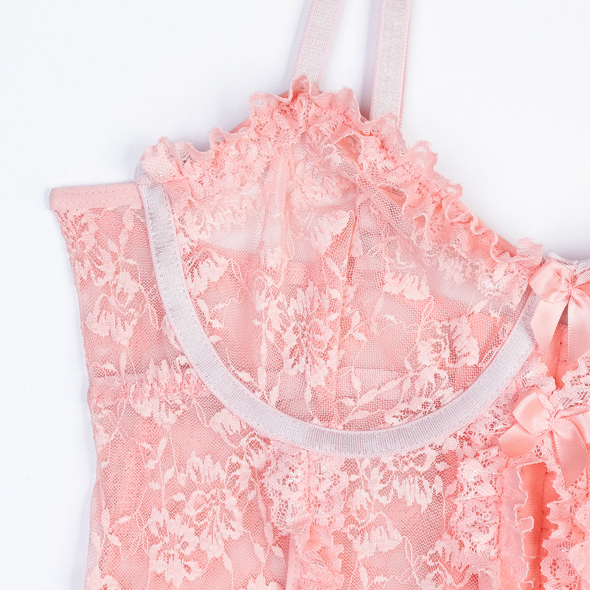 Three-piece lingerie set featuring lace