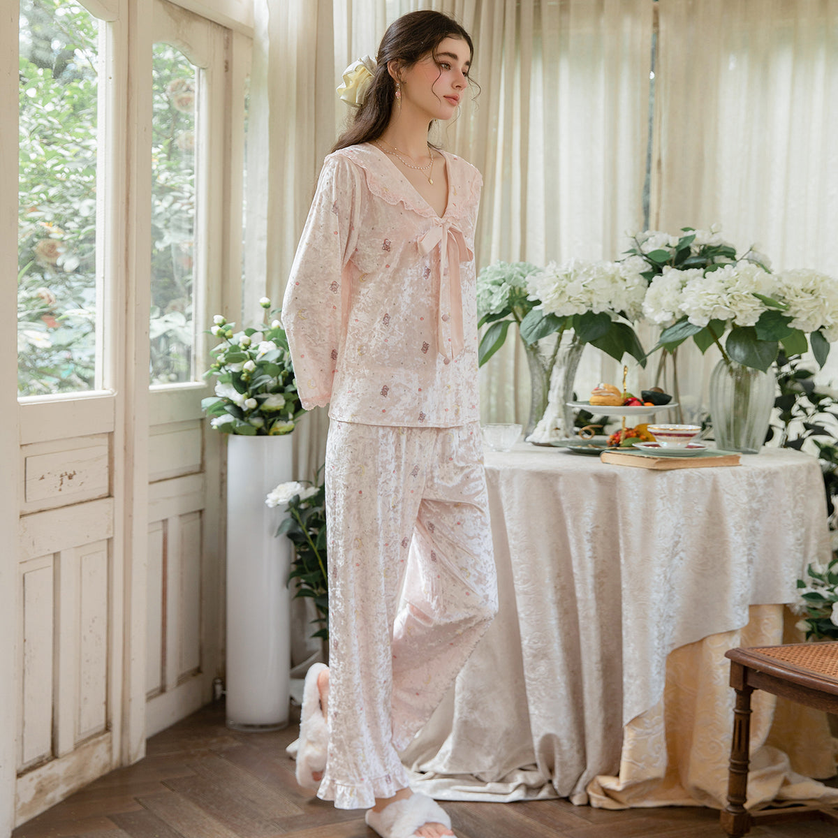 Pink long pajama set standing view