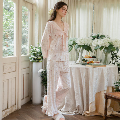 Pink long pajama set standing view