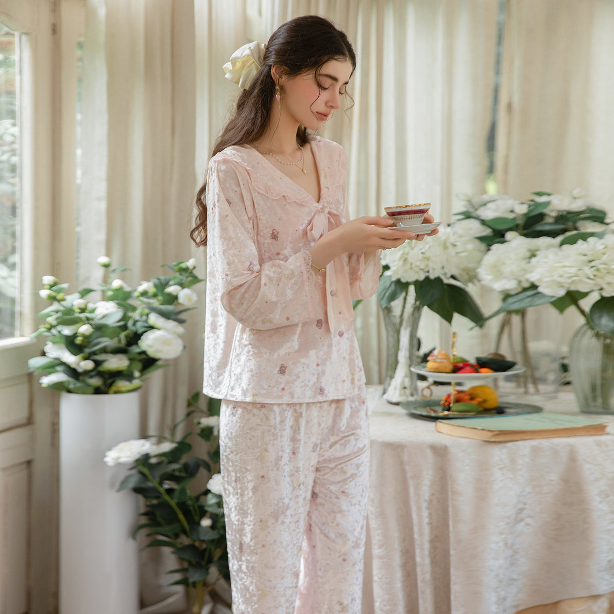 Pink long sleeve pajama set full look
