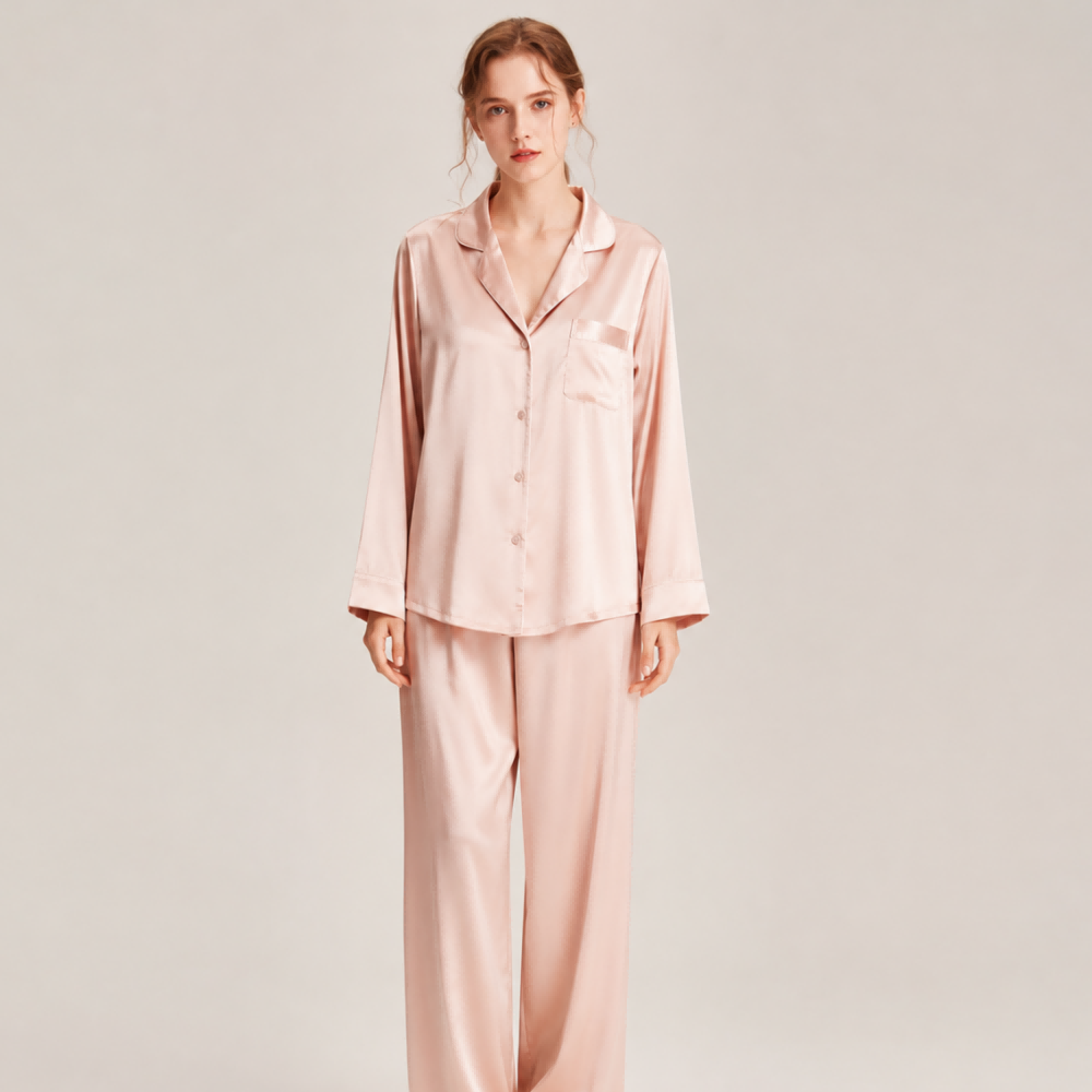 Pink long-sleeve silk pajama set front view