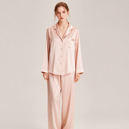 Pink long-sleeve silk pajama set front view