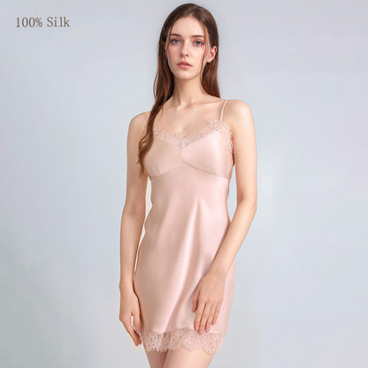 Pink mulberry silk nightgown with lace hem