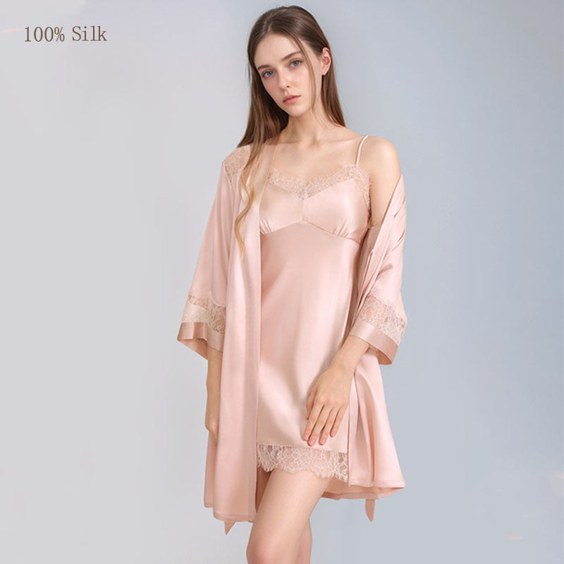 Pink mulberry silk nightgown with matching robe
