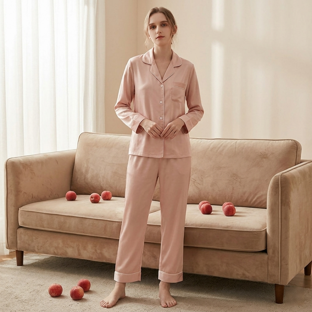 Pink mulberry silk pajama set standing view