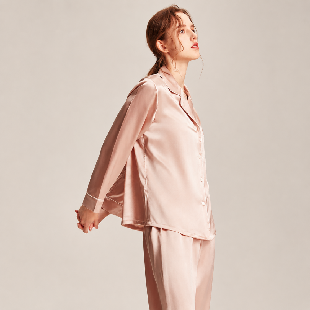 Pink mulberry silk pajama shirt side view