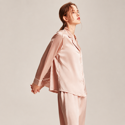 Pink mulberry silk pajama shirt side view