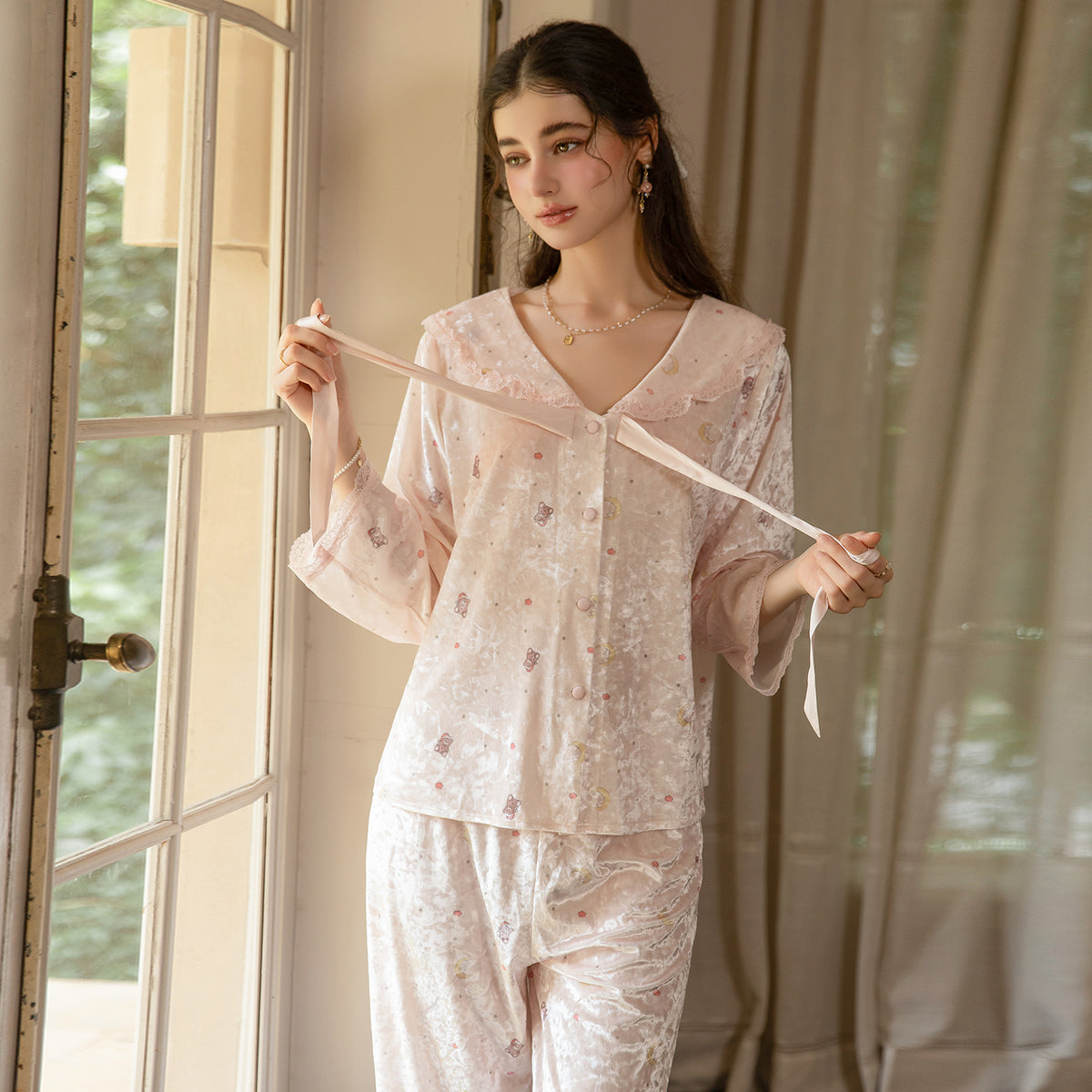 Pink printed pajama set front ribbon detail
