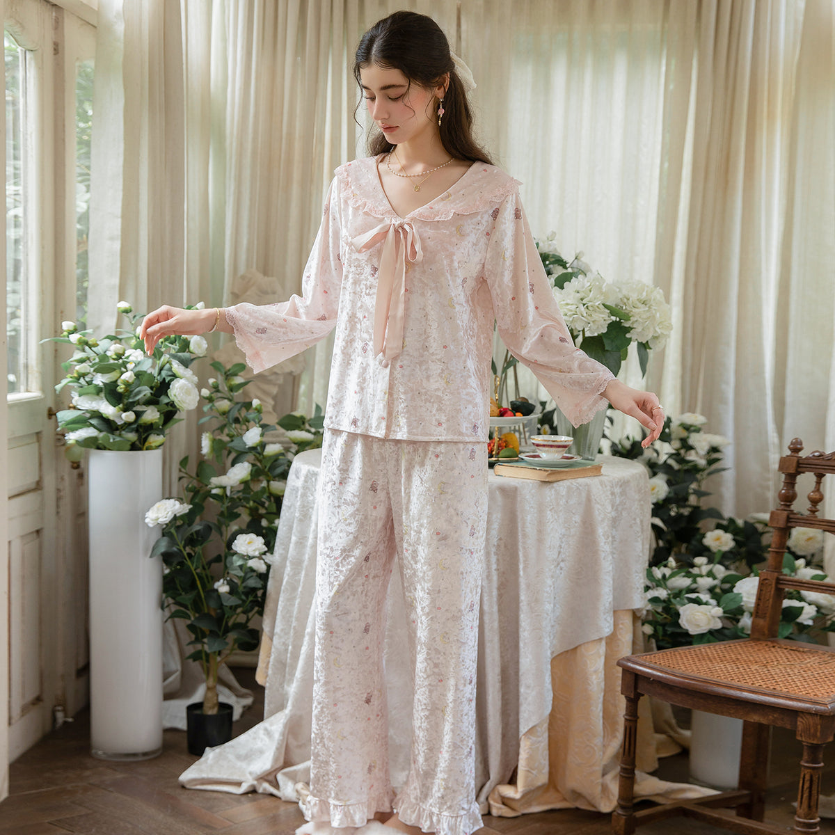 Pink printed pajama set full front view