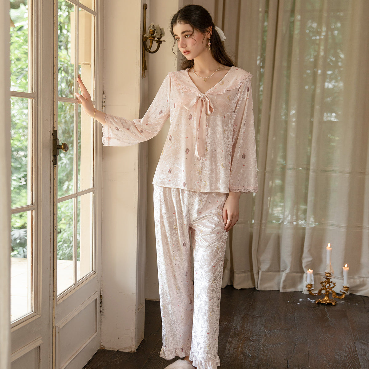 Pink ruffle trim pajama set front view