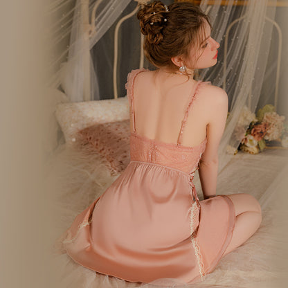 Lace Trim Nightdress & Robe Set – Soft Satin Nightgown Lingerie (Pink / Purple / Champagne)