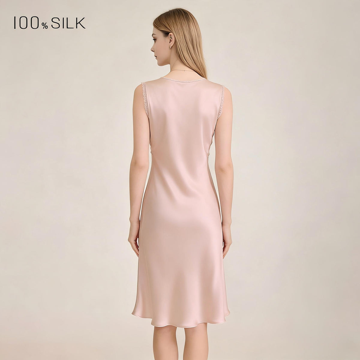 Pink V-neck mulberry silk nightgown back view