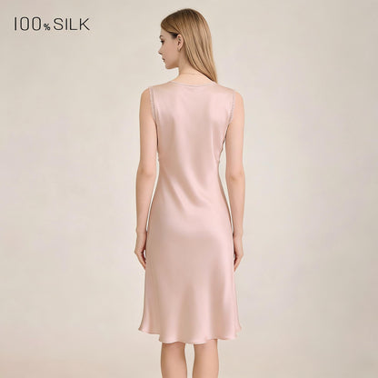 Pink V-neck mulberry silk nightgown back view