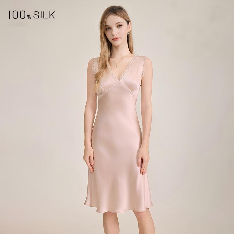 Pink V-neck mulberry silk nightgown front view