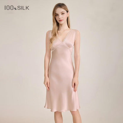 Pink V-neck mulberry silk nightgown front view