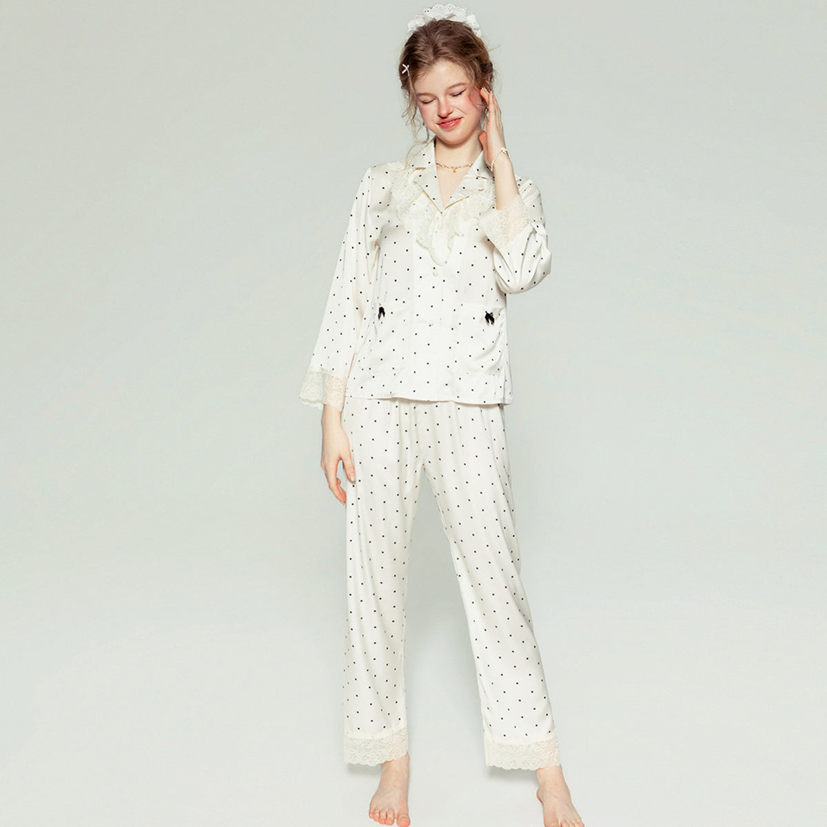 Polka Dot Pajama Set – Button Up Long Sleeve Loungewear Set