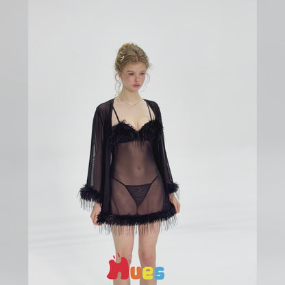 Feather Trim Sheer Babydoll Nightgown Set with T-Back Panty