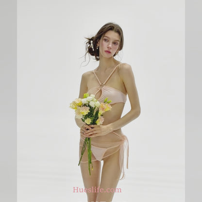 Nude Pink Sheer Mesh Lingerie Dress Set with G-String