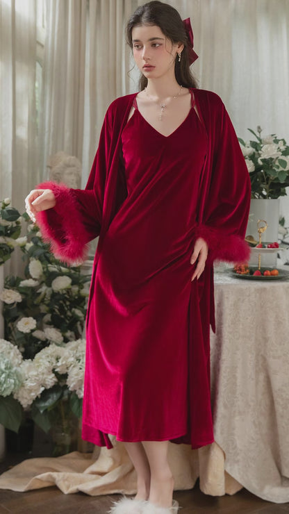 Red Long Velvet Nightgown and Robe Set with Padded Cups