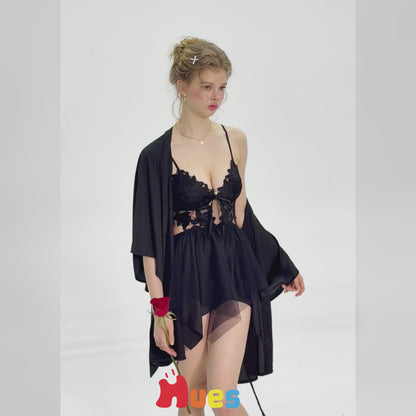 Lace Babydoll Nightgown Set with Sheer Robe and Waist Tie