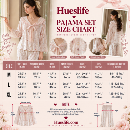 Printed long sleeve pajama set size chart